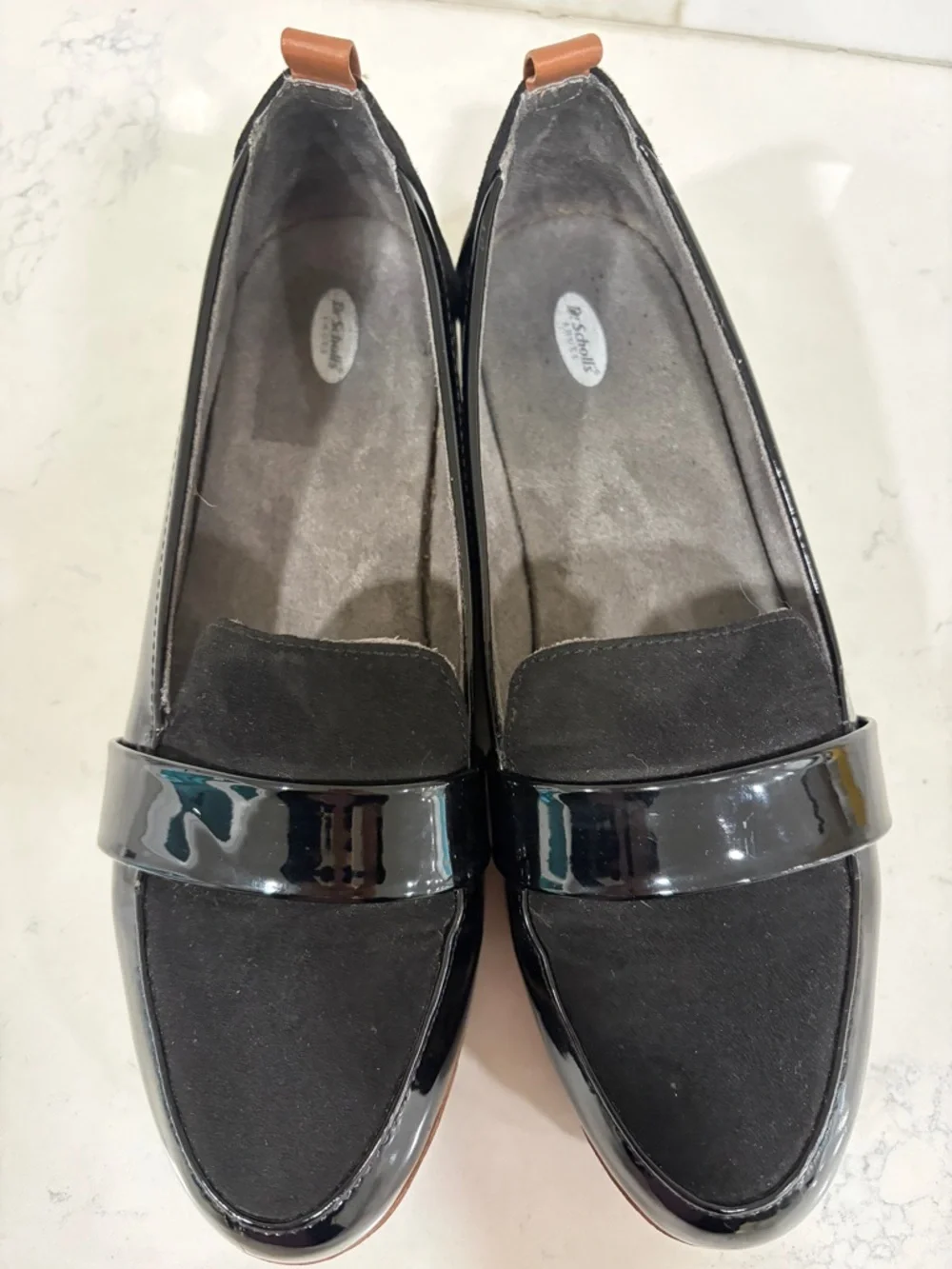 Dr. Scholl's Black Patent Leather and Suede Slip-On Loafer with Tan Trim Sz 9